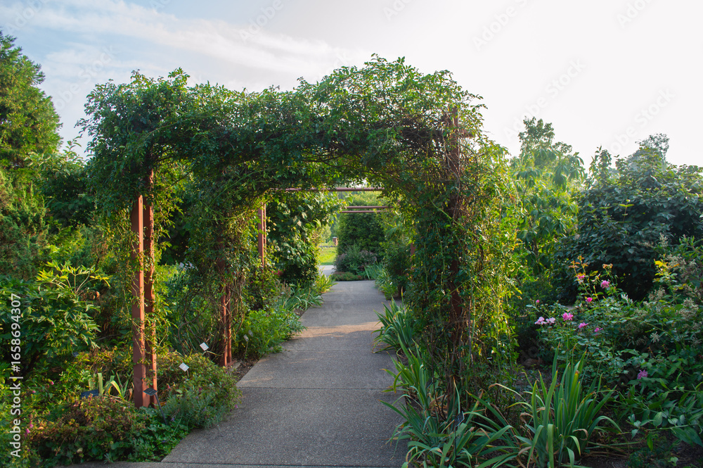 Naklejka premium Garden Path with a Lush Green Archway