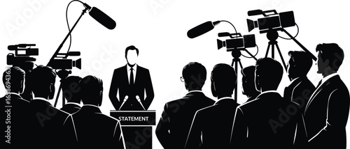 Press conference silhouette, journalist crowd, media cameras, politician speech, public statement, news coverage, microphones, government announcement, reporter gathering, media event