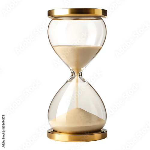 Elegant golden hourglass with flowing sand symbolizing the passage of time and the importance of deadlines isolated on transparent background
