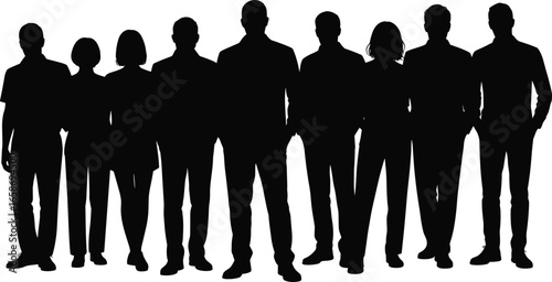 Silhouette group of people standing together, business teamwork, cooperation, unity, partnership, diverse men and women, collaboration, leadership, community success