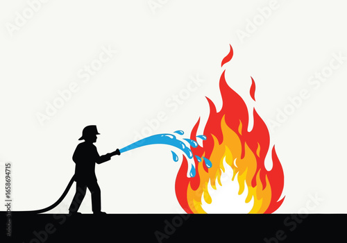 A firefighter is using a water hose to extinguish a large fire