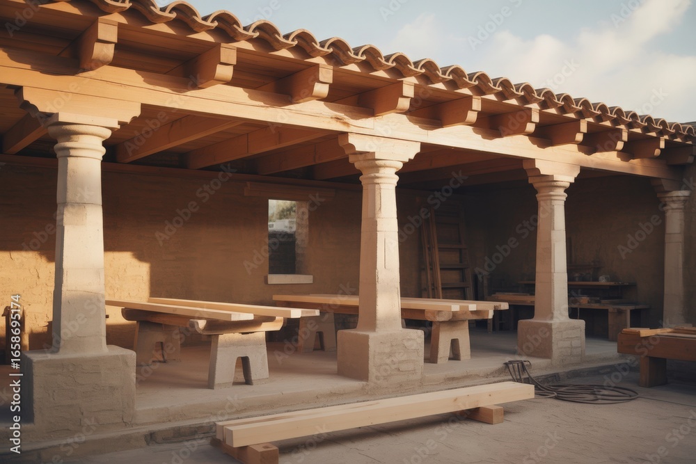 Fototapeta premium Southwestern courtyard with stone tables and pillars
