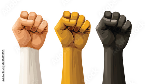 Raised Fists of Different Colors Symbolizing Unity Strength and Diversity on White Background Highlighting Interracial Collaboration and Social Justice
