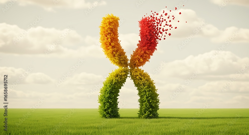 Obraz premium Chromosome dissolving into particles in a green field