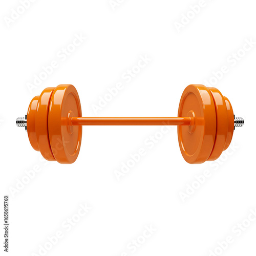 A bright orange barbell with weight plates stacked on each end isolated on transparent background