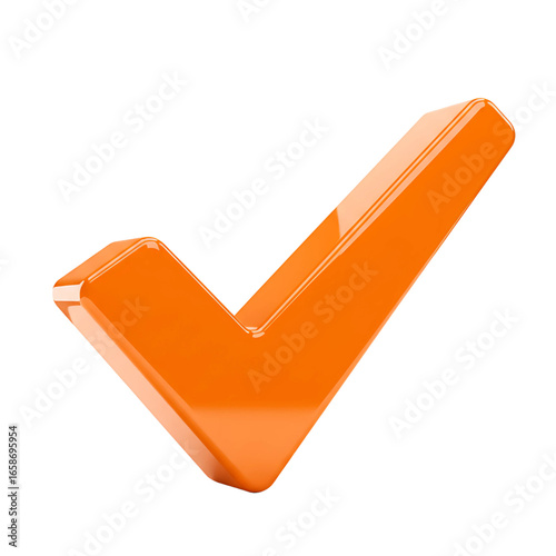 Shiny orange 3d check mark symbol isolated on transparent background for approval and success