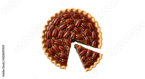 Overhead view of a pecan pie with a slice removed on transparent background