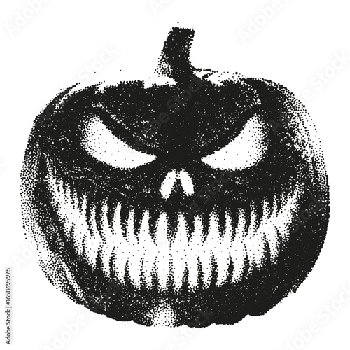 Trendy halftone stipple effect Halloween element. Carved Jack o lantern pumpkin with scary face. Grunge punk grain gritty texture for collage design. Modern retro vector with dotted texture