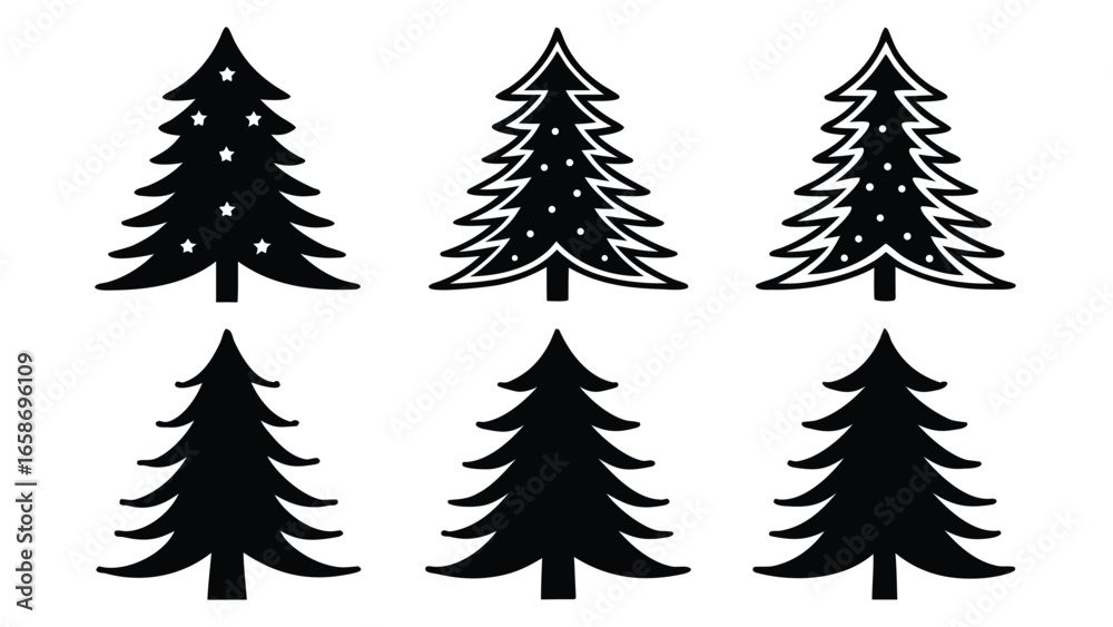 Fototapeta premium Decorated and plain evergreen trees christmas trees