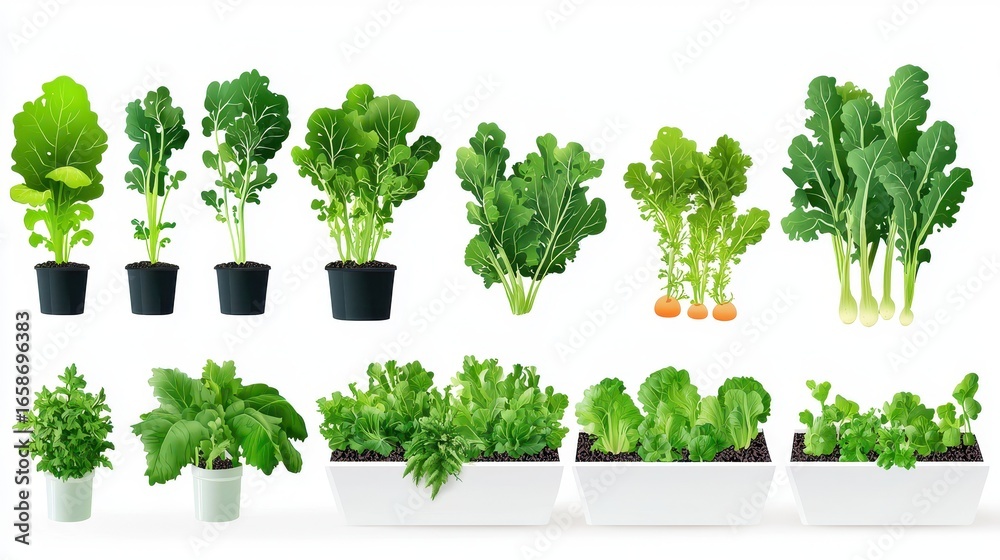 Obraz premium Urban farming icons showcase various leafy greens in pots and containers, highlighting sustainable gardening practices and fresh produce