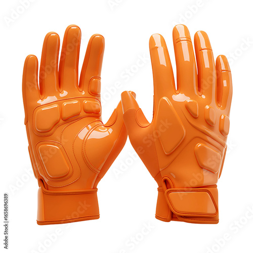 Bright orange football receiver gloves with a glossy finish designed for enhanced grip and protection isolated on transparent background