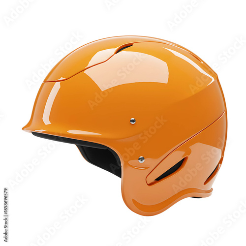 Shiny orange baseball batting helmet with ventilation slots and metal rivets isolated on transparent background
