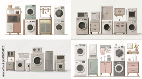 Flat vector illustration of laundry machines, dryers, and washing appliances. Ideal for home washing, laundry room, and household interior design themes.