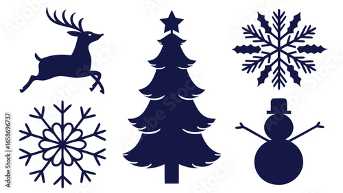 Festive winter silhouettes reindeer tree snowflakes snowman