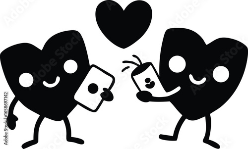 Two cartoon hearts with faces holding phones and a heart above them on a white background love