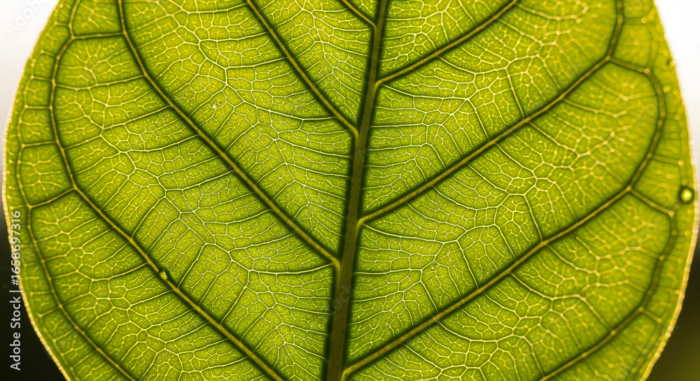 Obraz premium A vibrant green leaf is backlit by the sun revealing its intricate network of veins in a detailed macro photograph that symbolizes life nature and biology.