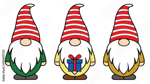 Three festive gnomes with striped hats christmas holiday