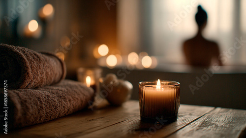 Serene spa scene with lit candles, soft towels, and a figure bathing in a warm, relaxing ambiance.