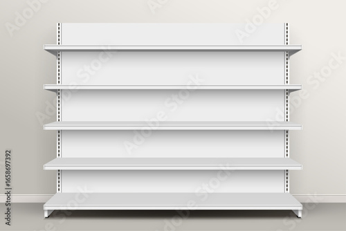 White empty store shelves. Retail shelf rack. Showcase display. Vector illustration. Realistic 3d vector illustration.