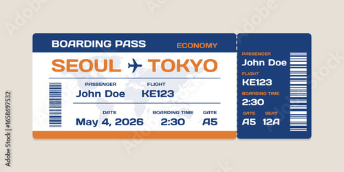 Realistic illustration of airplane ticket boarding pass with passenger name and destination. Concept of travel, journey or business trip.
