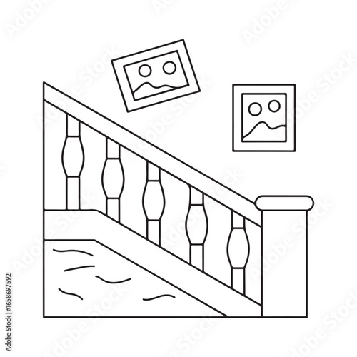 Outline Drawing of a Staircase with Pictures on the Wall and Balustrade stairs interior