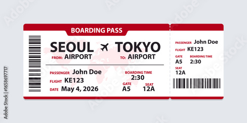 Realistic illustration of airplane ticket boarding pass with passenger name and destination. Concept of travel, journey or business trip.