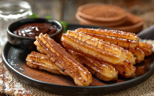 Brown, textured churros sit on a dark plate with chocolate, sprinkled cocoa, for dessert menus, restaurant websites, or food product photography.