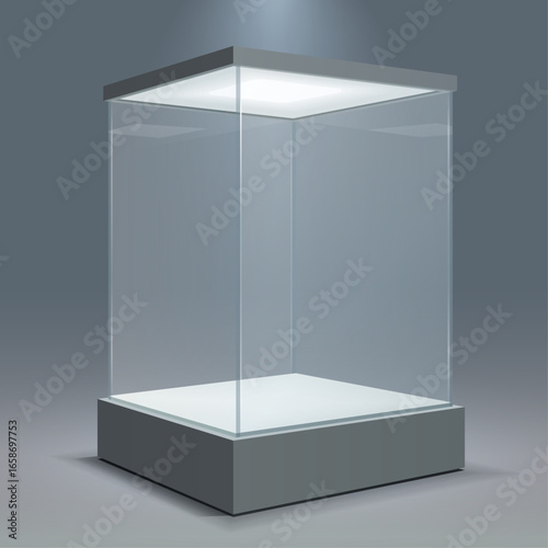 Empty crystal pedestal platform for product showcase or presentation.  Tall vitrine for exhibiting art objects, jewelry. 