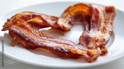 Crisp bacon strips creatively shaped into a heart sit on a white plate, perfect for a special meal