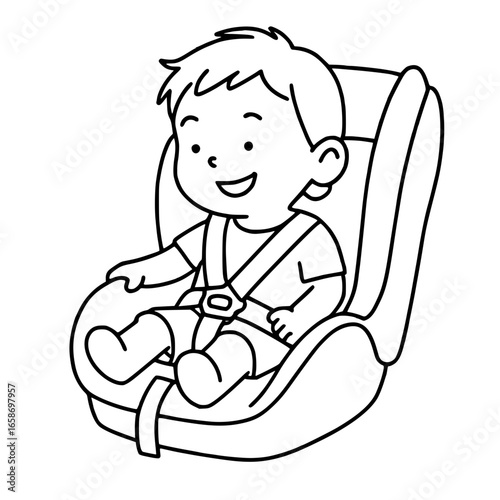 Simple line sketch child in a car seat smiling and secured with seatbelt in a vehicle