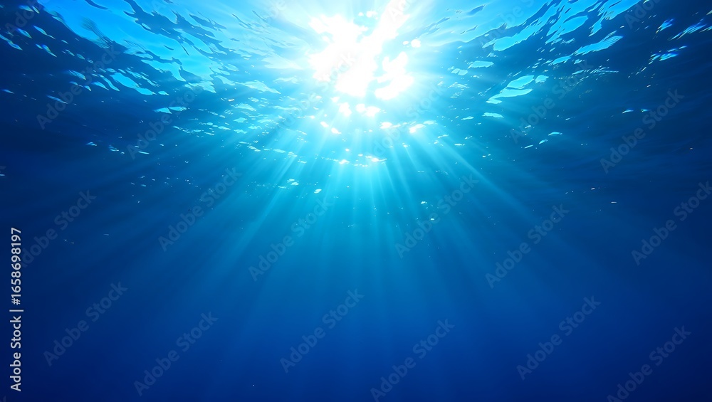 Fototapeta premium Sunlight filtering through the ocean surface creating beautiful blue light rays underwater