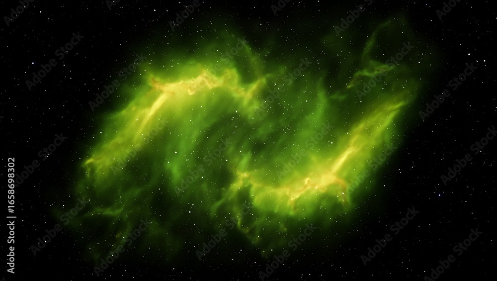 Fototapeta premium Vibrant green nebula with glowing yellow accents against a dark starry sky