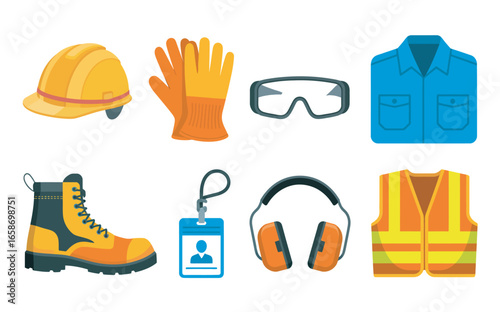 Collection of safety equipment and personal protective gear for construction and industrial work