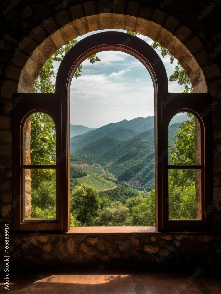 Fototapeta premium A stunning view of rolling mountains and lush greenery framed by an elegant arched window.