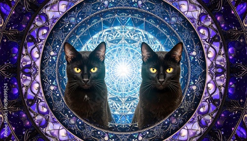 Two black cats in a vibrant, mystical mandala