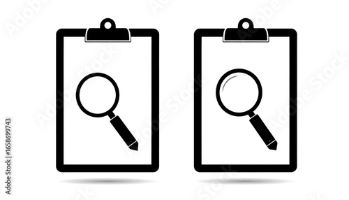 Two black clipboard icons with magnifying glasses