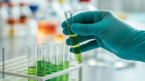 Scientist in a lab holding a test tube with green liquid