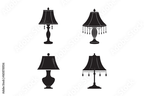 Set of classic table lamp silhouettes. Collection of vintage home lighting fixture icons for interior design. Vector graphic element.