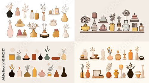 Flat vector illustration of aromatherapy bottles, vases, candles, and decorative jars. Perfect for spa, wellness, relaxation, interior decor, and home fragrance design themes.