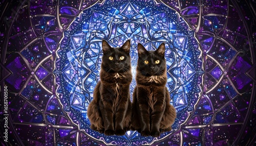 Two black cats sit before a vibrant purple and blue mandala