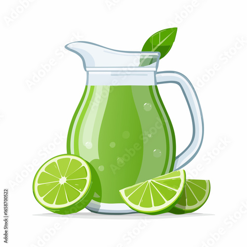 Fresh Lime Juice in Glass Pitcher with Lime Slices
