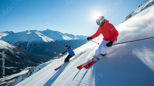 Two skiers carve down a steep snowy mountain under a bright sunny sky