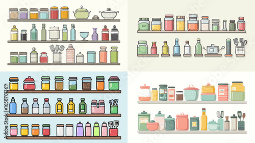 Flat vector illustration of kitchen shelves with colorful jars, bottles, spices, condiments, and utensils. Ideal for cooking, pantry, restaurant, and home organization themes.