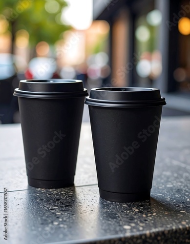 Two black coffee cups on a table outdoors