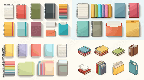 Colorful flat vector set of office files, books, folders, and binders. Perfect for stationery, office organization, business icons, and document management design themes.