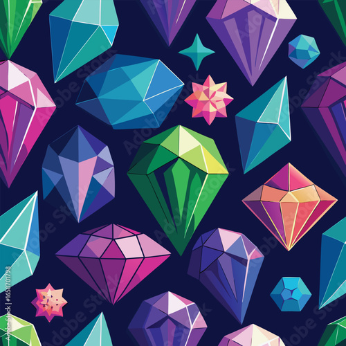 Colorful gemstone pattern seamless illustration with geometric shapes on a dark blue background for design
