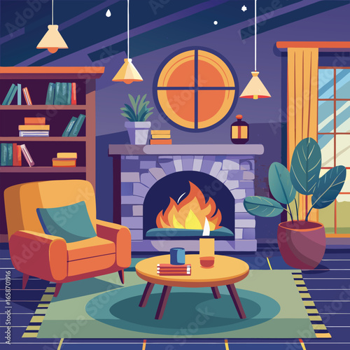 Cozy and inviting illustration of an interior living room scene with armchair fireplace bookshelf window and warm ambient lighting.