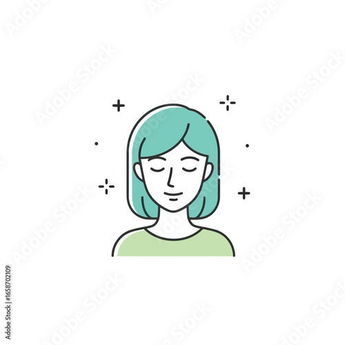 Vector illustration of serene woman with short teal hair, closed eyes, and a peaceful expression