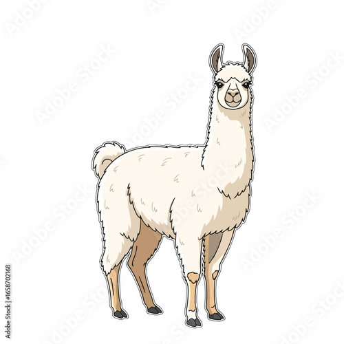 Vector illustration of cute white llama standing in profile, with fluffy fur and a gentle expression