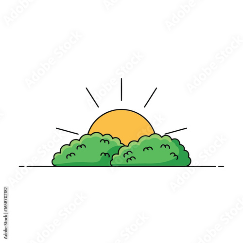 Vector illustration of stylized sunrise or sunset behind green bushes, with bright orange sun and emanating light rays